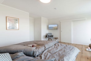 A bedroom with a bed, a chair, a television, and a door. - Single-family house Sundseele No. 14 (Fehmarn)