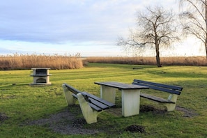 A park with picnic tables and a barbecue grill. - Holiday home with 2 bedrooms (Born a. Darß)