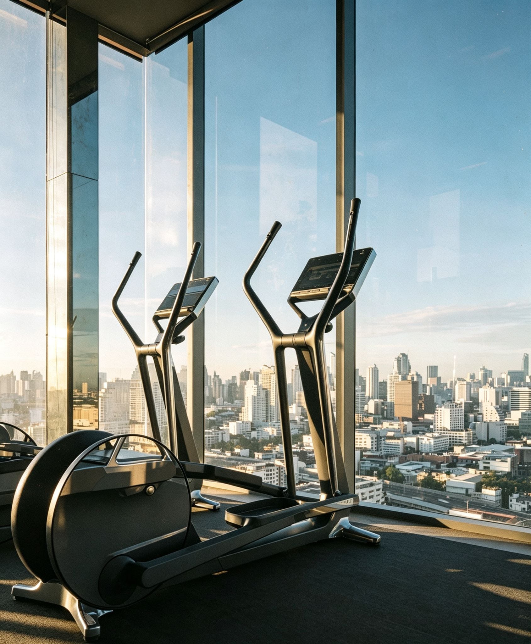 A gym with two treadmills and a city view through large windows.