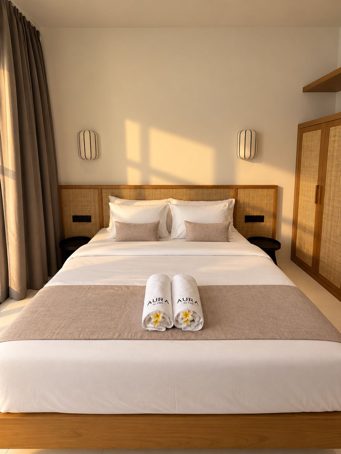 A hotel room with a large bed, two bedside tables, a wardrobe, and a window with curtains.