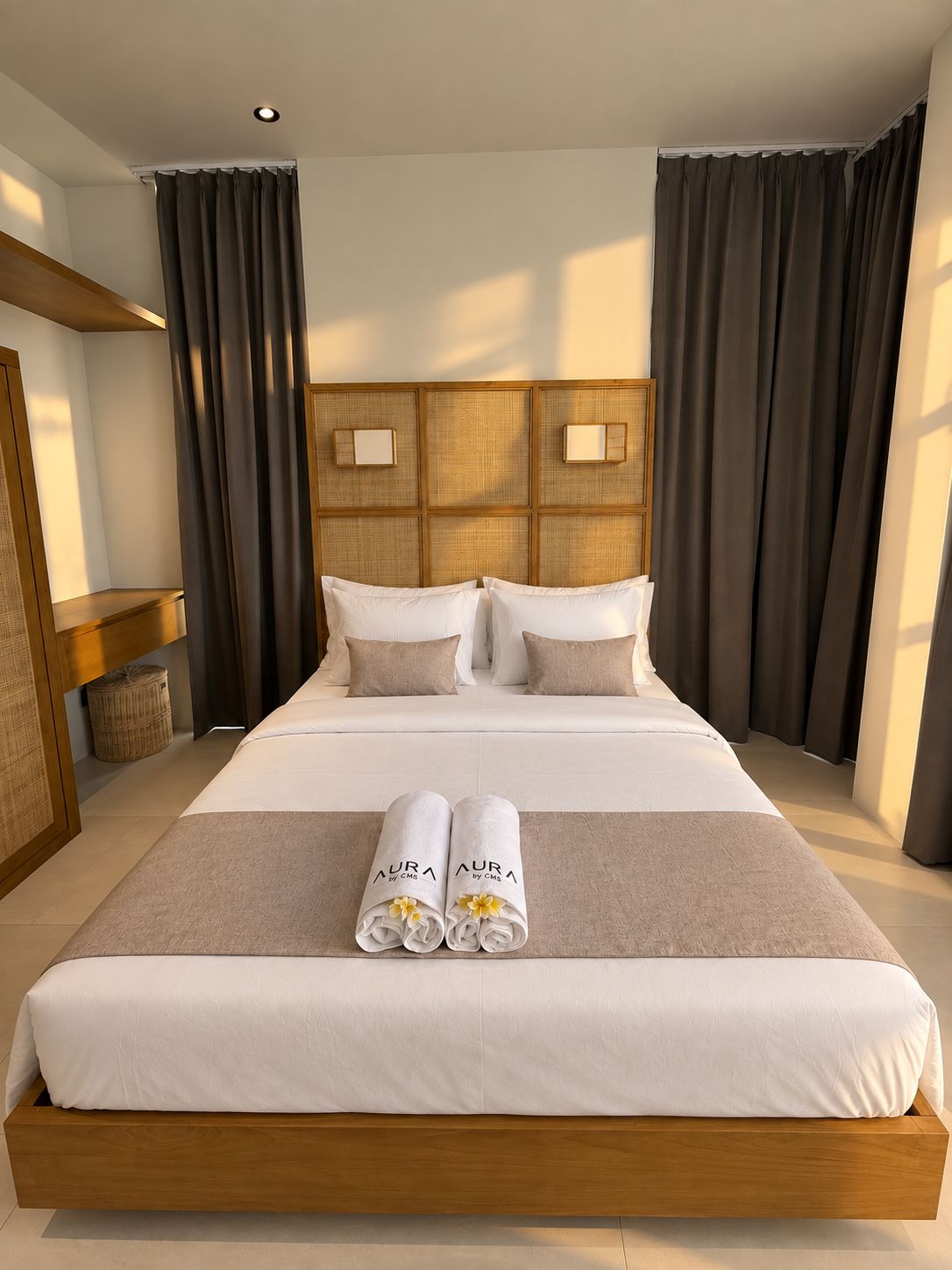 Ein Hotelzimmer mit einem großen Bett, zwei Nachttischen, einem Bettkopfteil mit Beleuchtung und dunklen Vorhängen.