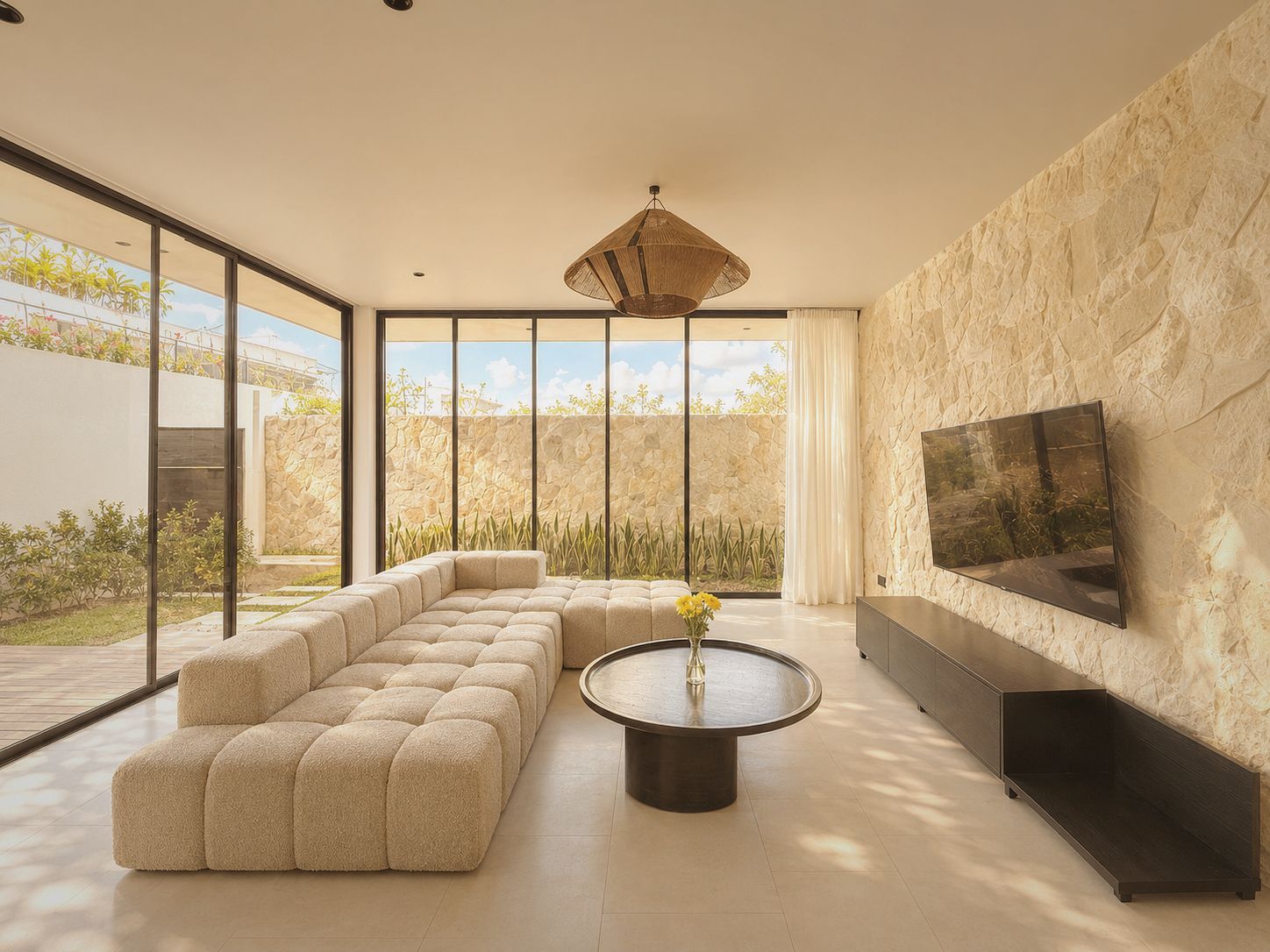 A modern living room with a sectional sofa, a round coffee table, and a flat-screen TV mounted on a textured wall.