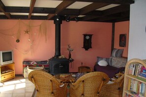 A cozy living room with a fireplace, a television, wicker furniture, and a bookshelf. - Holiday home in Bredene with swimming pool (Bredene)