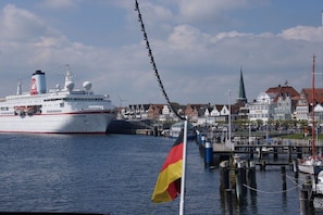 Ein Kreuzfahrtschiff liegt in einer Marina vor einer Stadt aus.