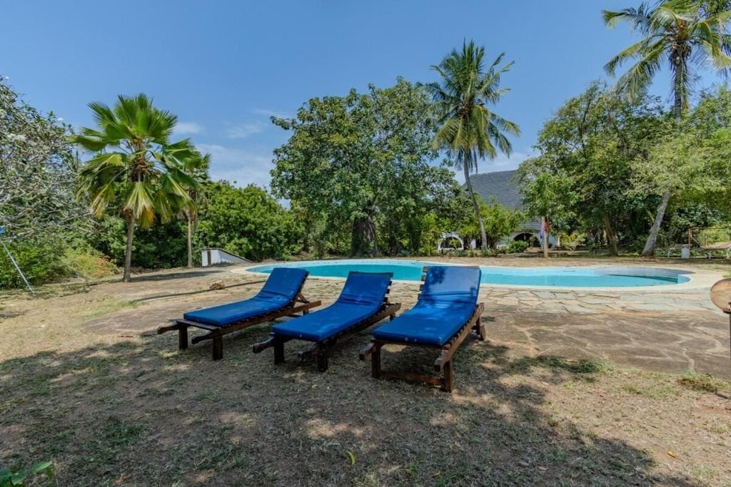A pool area with lounge chairs and palm trees.