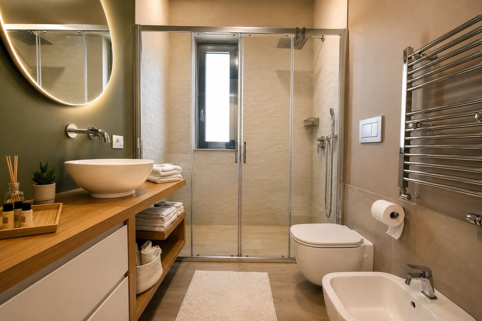Ein modernes Badezimmer mit einem großzügigen Waschtisch, einer begehbaren Dusche und einer Badewanne.