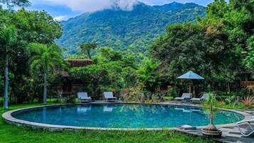 A swimming pool surrounded by lush greenery and a mountain in the background.