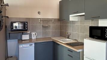 A compact kitchen with a microwave, toaster, sink, and dishwasher.