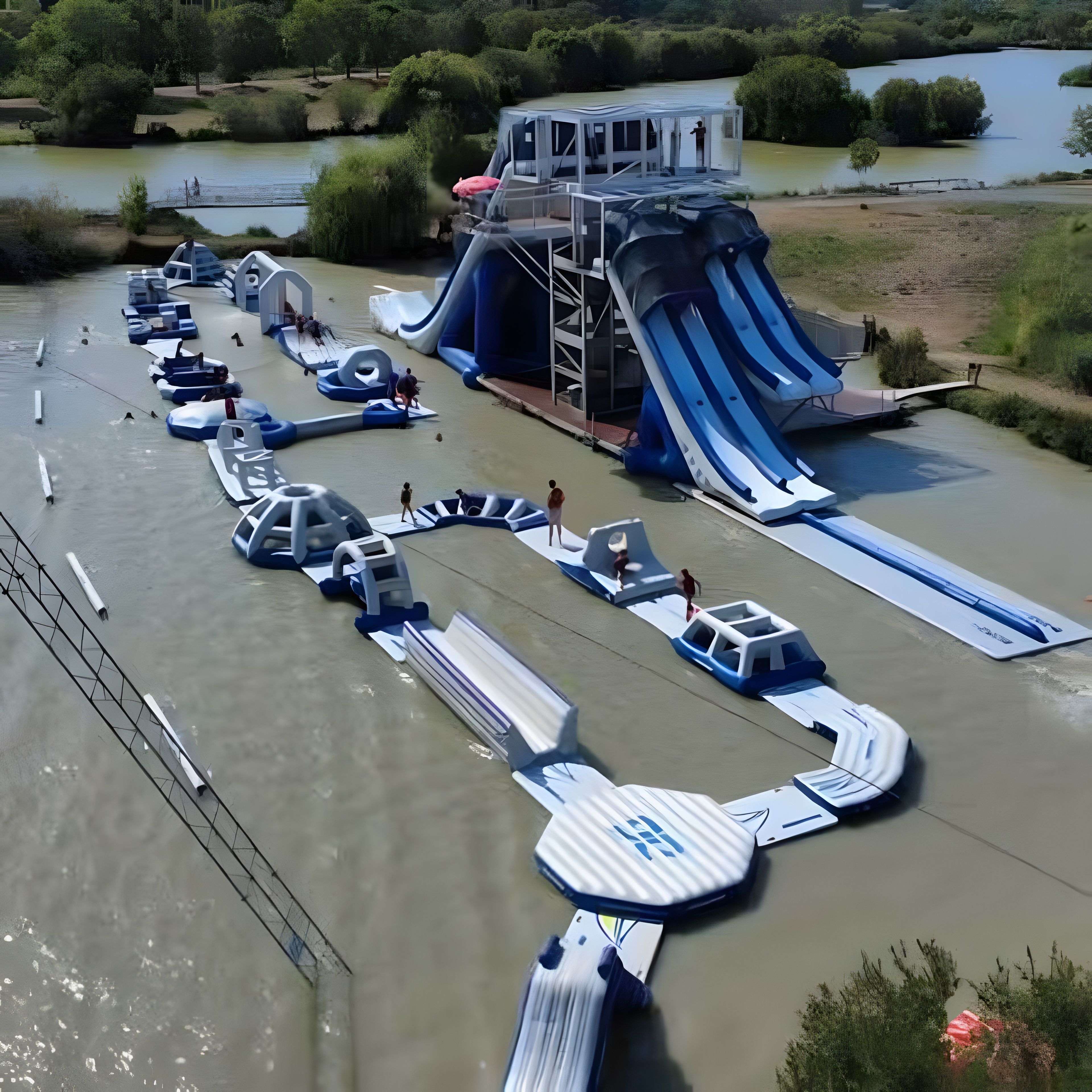 A water park with multiple slides and watercraft.