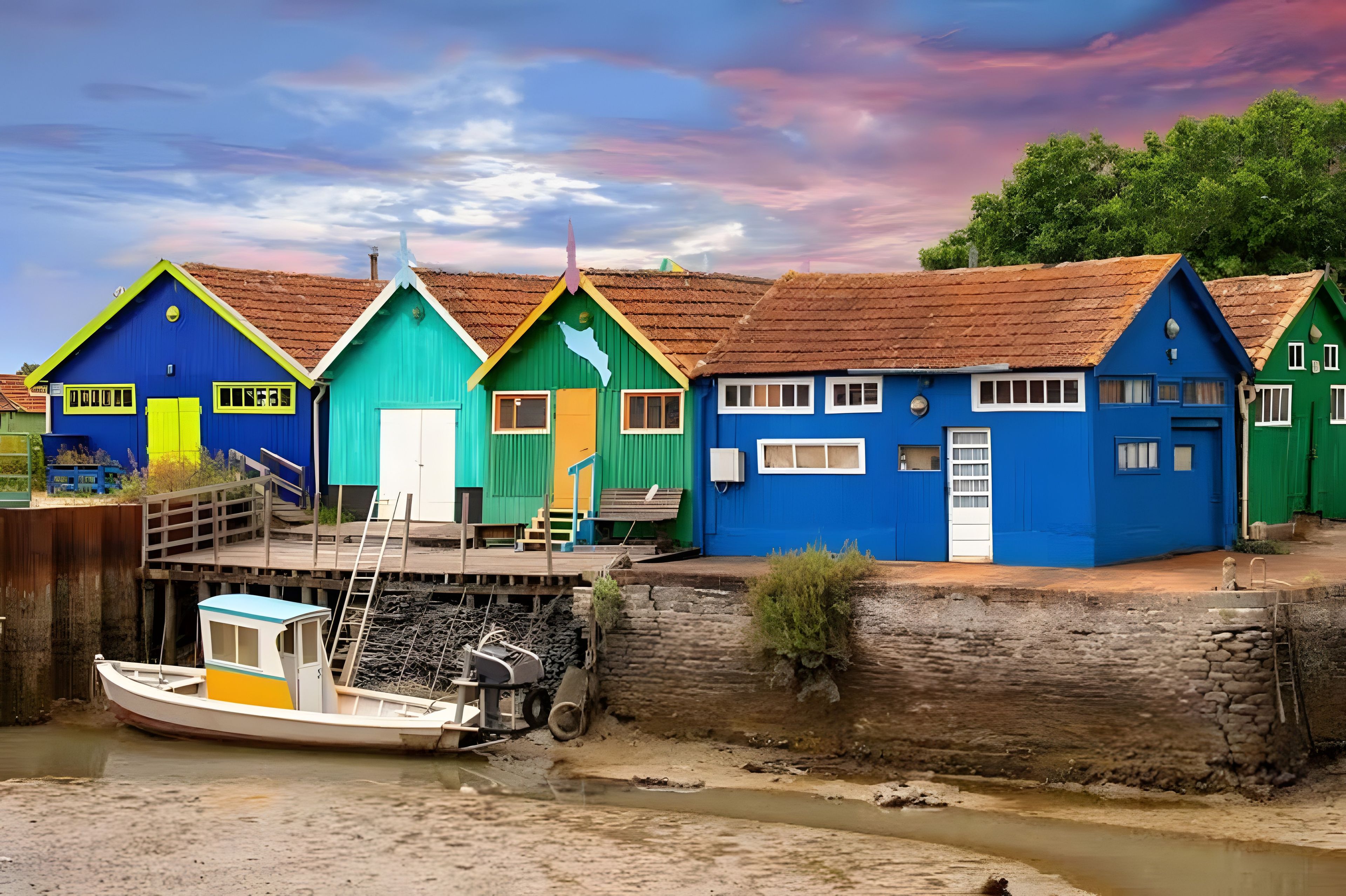 Une rangée de maisons colorées, avec un quai et un bateau.