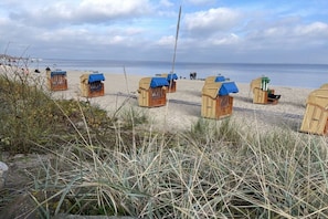 Des cabanes de plage aux toits bleus et aux structures en bois, situées sur une plage de sable.