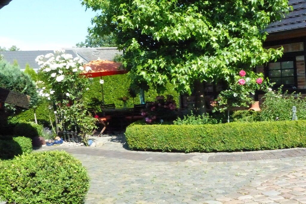 Un jardin avec un chemin pavé, une haie bien taillée et une variété de plantes à fleurs.