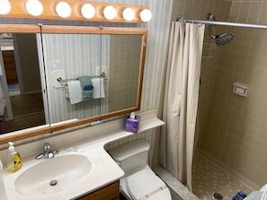 A bathroom with a vanity, sink, mirror, and shower. - #705 Sandcastle 2/2 Oceanfront CondoTraffic Free Beach (Ponce Inlet)