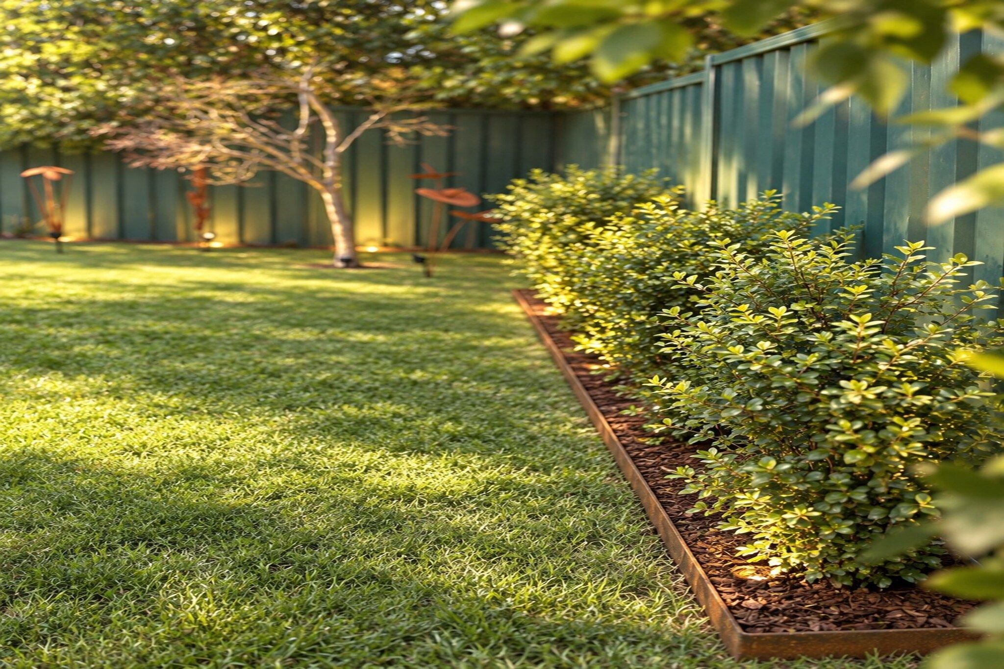 A well-maintained grassy area with a wooden planter box containing shrubs.