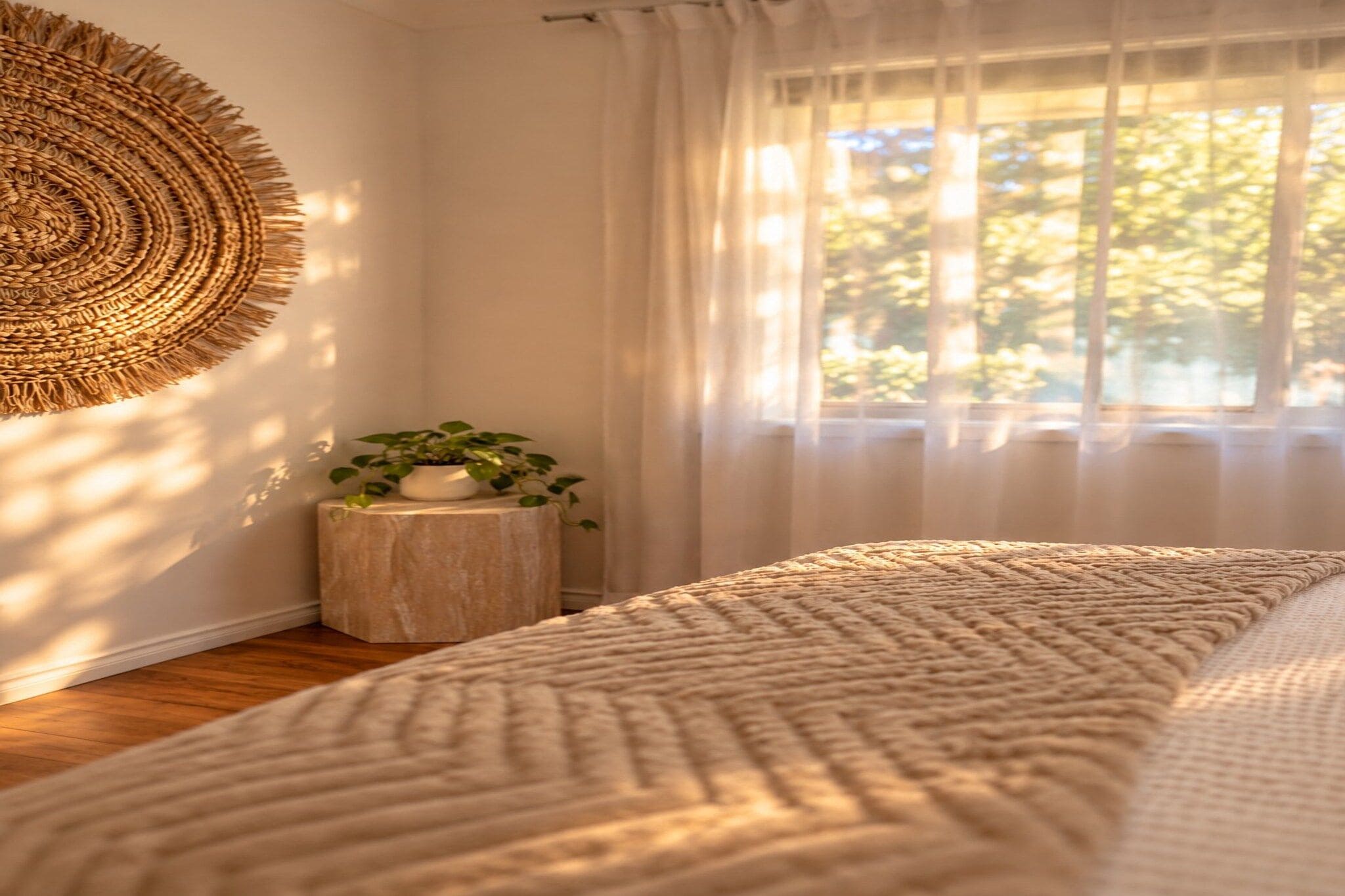 A bedroom with a bed, a round woven wall hanging, a small round table with a plant, and a window with sheer curtains.