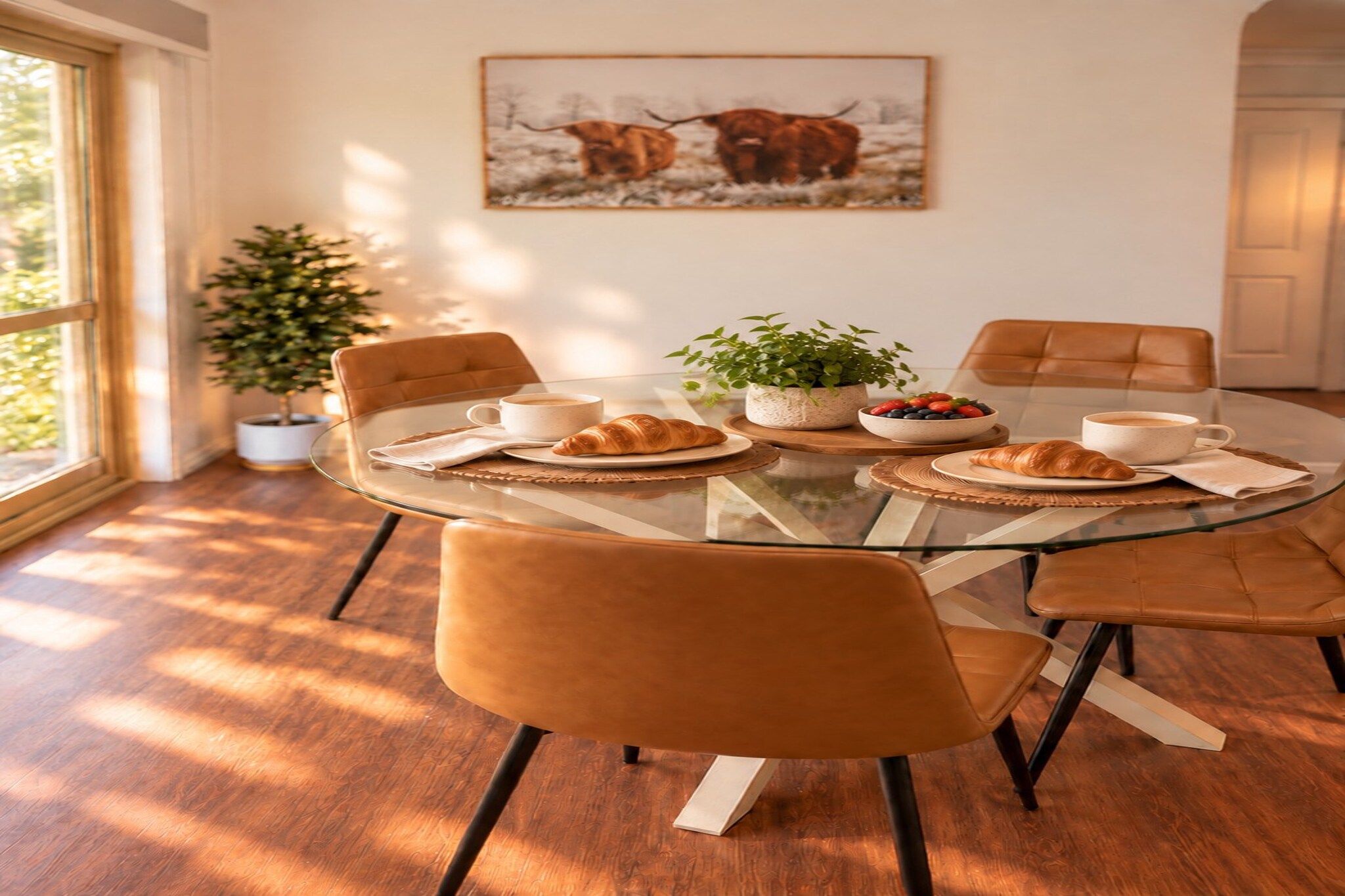 A round glass table with four chairs, a bowl of fruit, croissants, and cups of coffee.