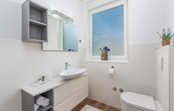 A modern bathroom with a white sink, vanity, and toilet. There is a window with a view of the sky and a plant on the windowsill. - Villas Paliska (Premantura)