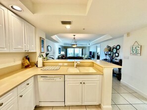 A kitchen with white cabinets, a dishwasher, a sink, and a countertop. There is a ceiling light fixture and a wall-mounted light. - Links N at Harbor Village B507 (Ponce Inlet)