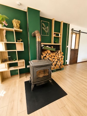 Une pièce dotée d’un poêle à bois, d’étagères en bois et d’un mur d’accent vert.
