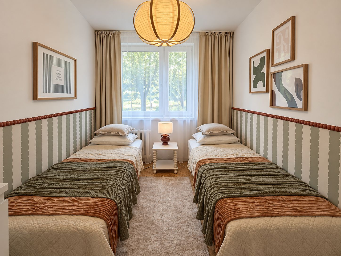 Ein Hotelzimmer mit zwei Betten, einem Fenster mit Vorhängen, einem Nachttisch mit Lampe sowie gerahmten Kunstwerken an den Wänden.