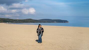 A beach with a person walking, a clear sky, and a distant coastline.