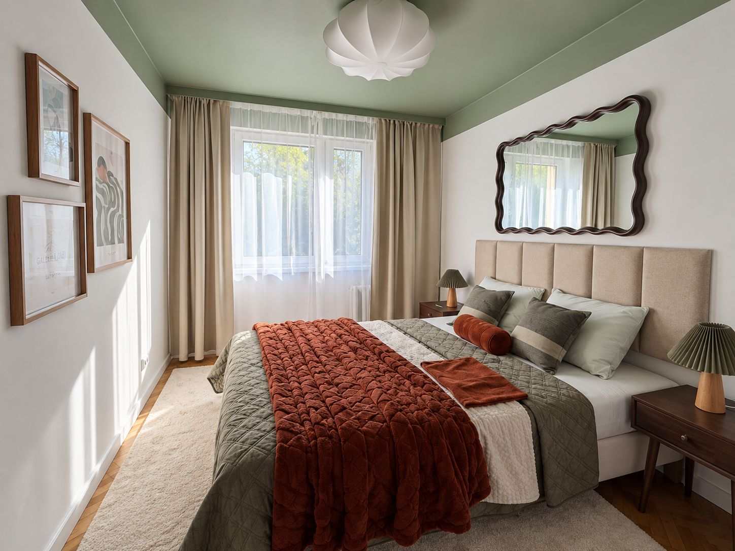 A bedroom with a large bed, a nightstand, a mirror, and a window with curtains.