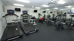 A gym with treadmills, elliptical machines, and weight equipment. - Unit 402 at Towers 10 - Perfect Location with Great Oceanfront Views (Daytona Beach Shores)