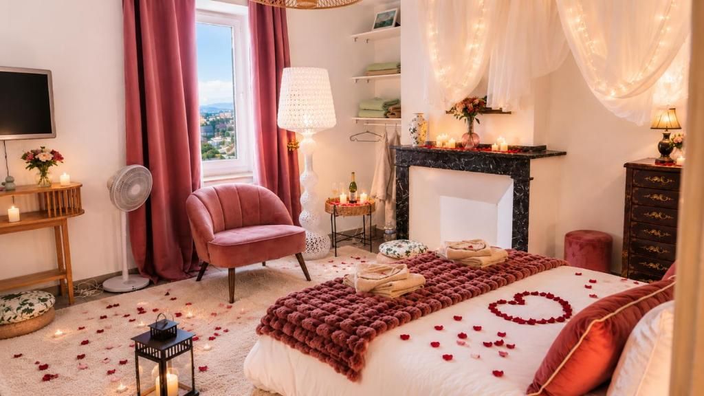 Ein Schlafzimmer mit einem Bett, einem Sessel, einem Kamin und Blick auf die Stadt.