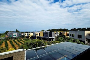 Una zona residencial con casas modernas, paneles solares y un viñedo.