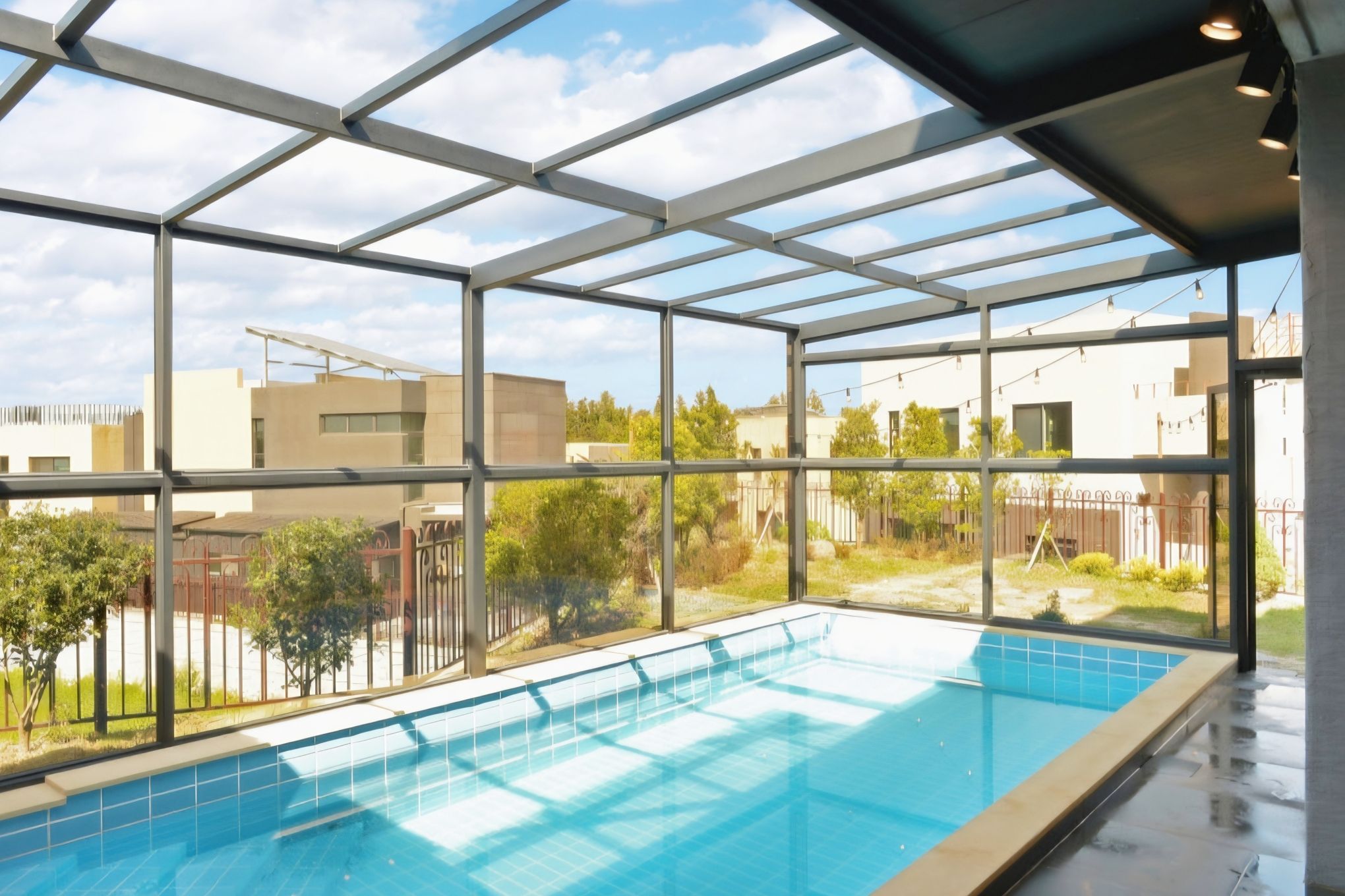 Une piscine intérieure dotée d’un toit en verre, encadrée d’une structure métallique, et offrant une vue sur les bâtiments et la verdure environnante.