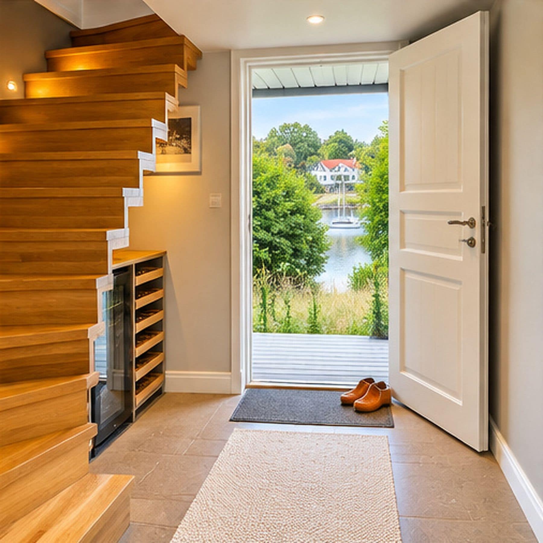 A wooden staircase leading to a door with a view of a lake and house.