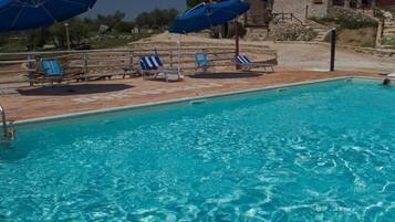A swimming pool with clear water, surrounded by lounge chairs and blue umbrellas.