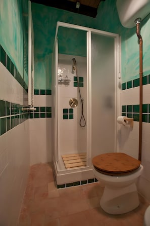 A bathroom with a shower enclosure, a toilet, and green-tiled walls. - Room 'Camera Ocra' with Mountain View, Wi-Fi and Air Conditioning (Alatri)