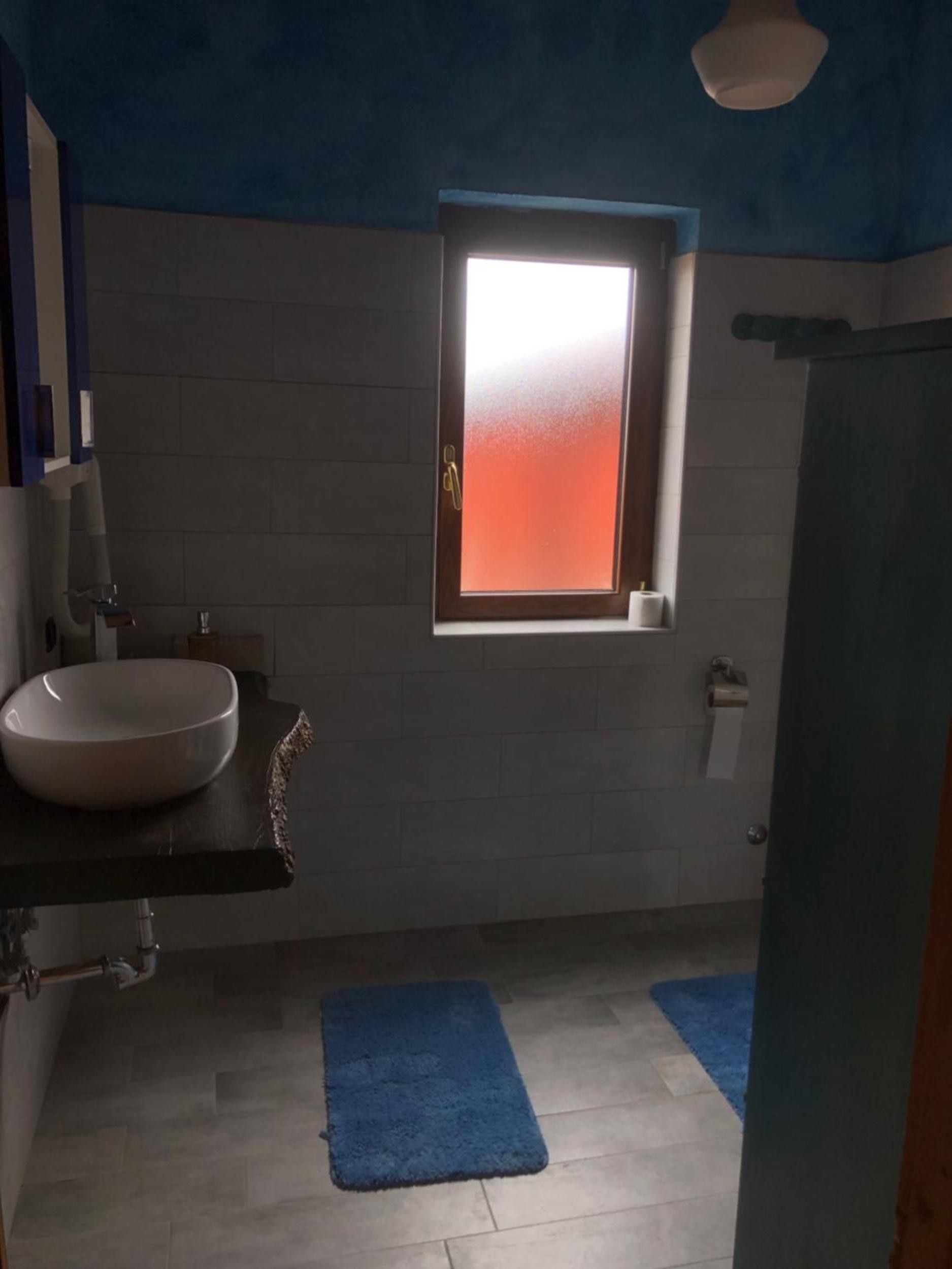 Un baño con un lavamanos blanco, una ventana con vidrio esmerilado y una alfombra azul en el suelo.