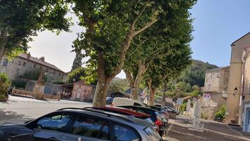 Une rue bordée de voitures garées, de bâtiments en pierre et d’arbres.