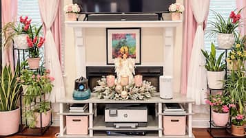 Una sala de estar con un televisor de pantalla plana sobre la chimenea, rodeada de plantas en macetas y un centro decorativo.