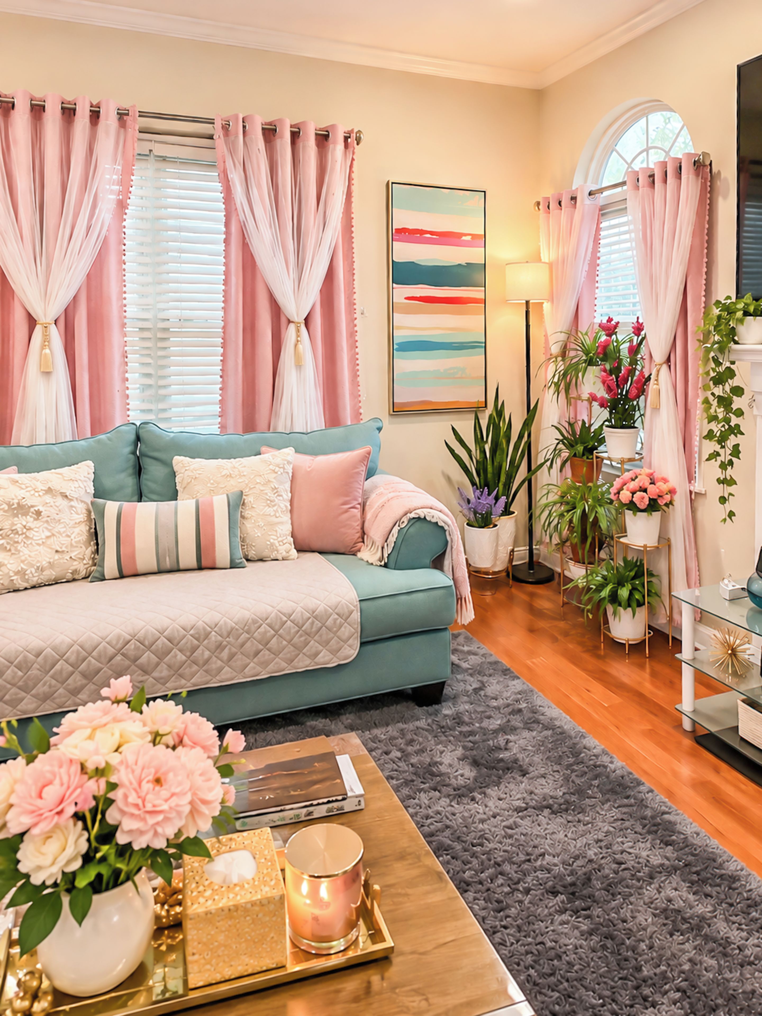 A cozy living room with a teal sofa, a coffee table with a candle, and a large window with curtains.