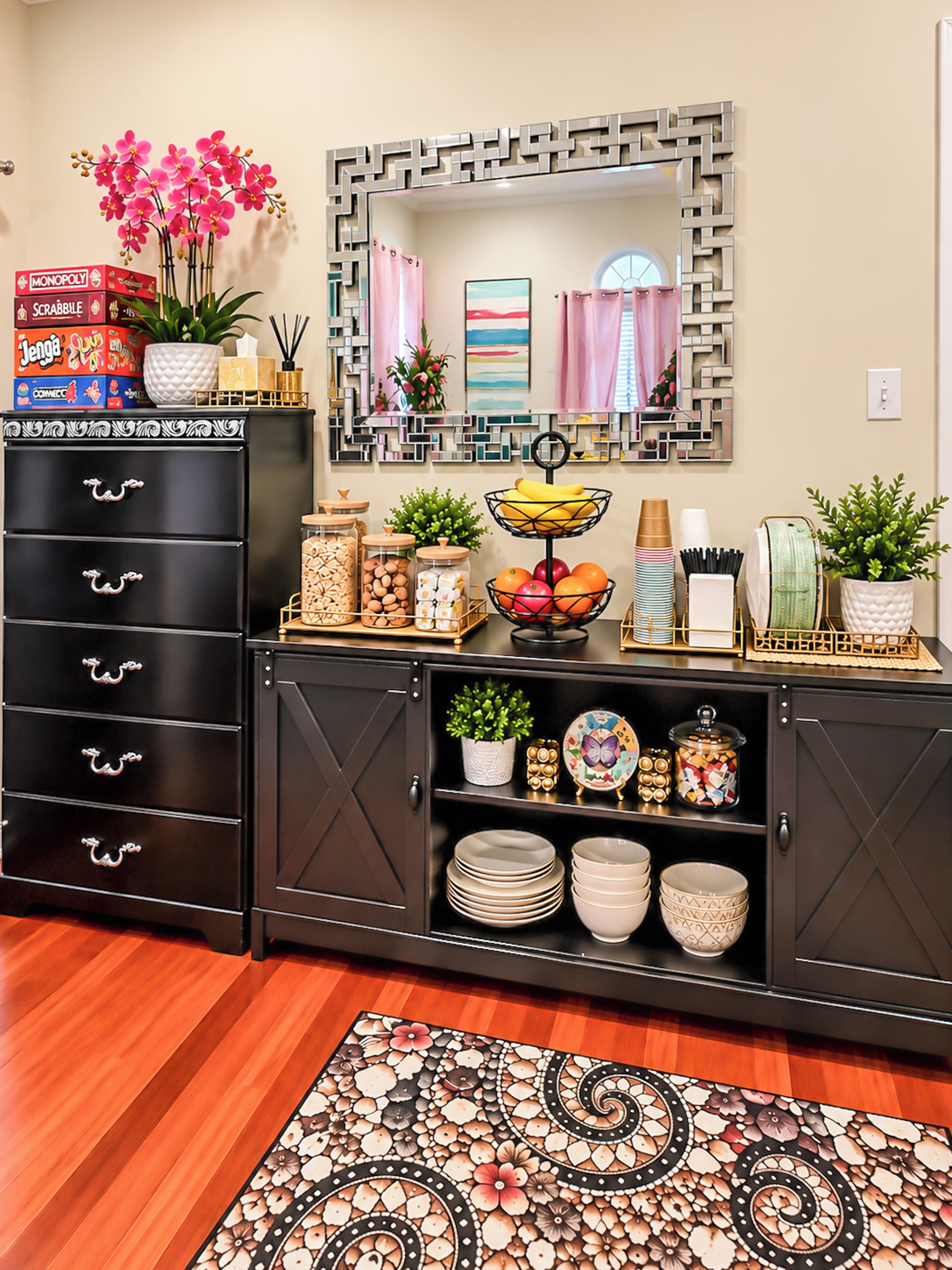 A room with a black cabinet, a mirror, and a patterned rug.