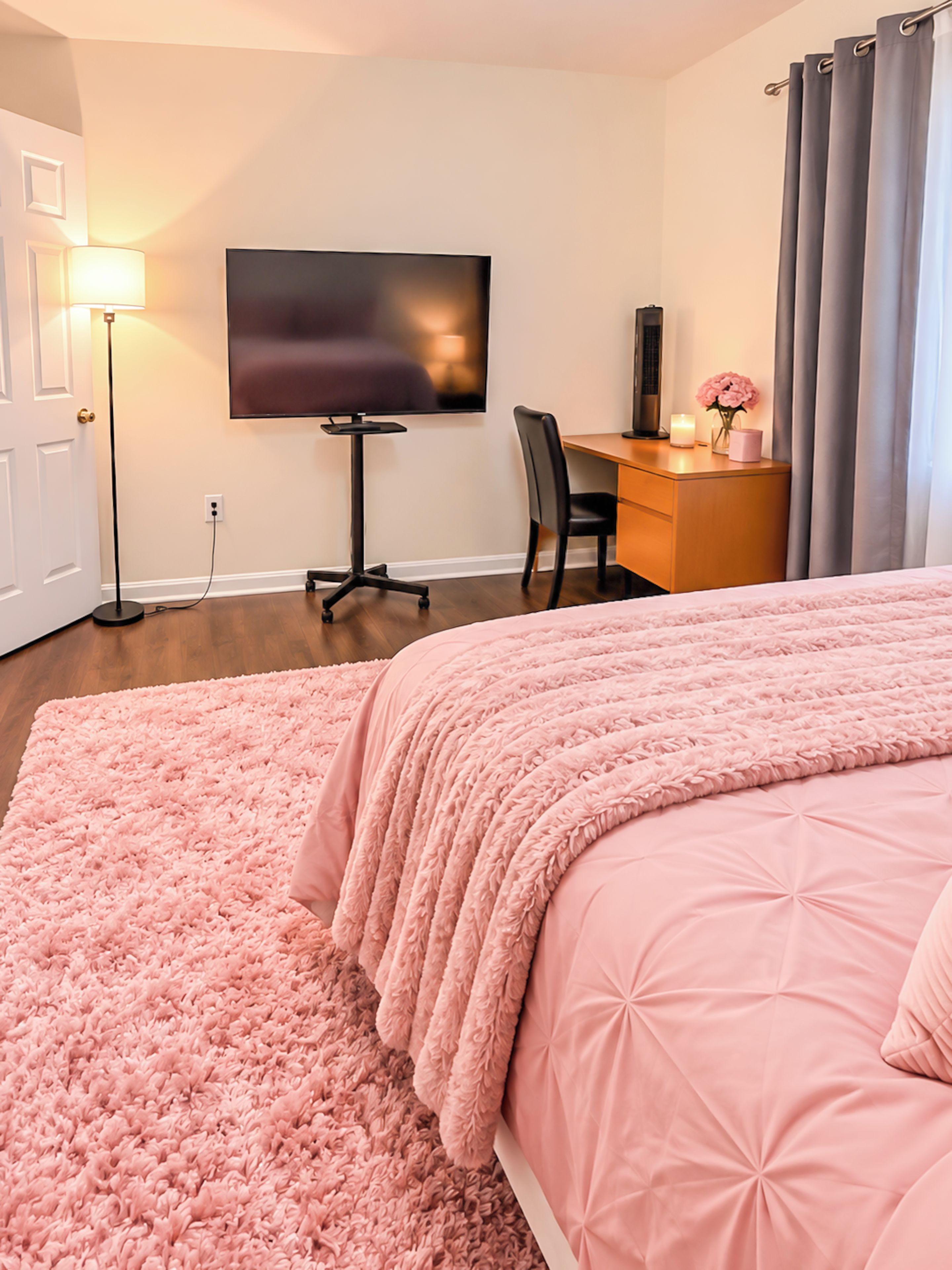 Un dormitorio con cama, escritorio, silla, televisor y lámpara de pie.