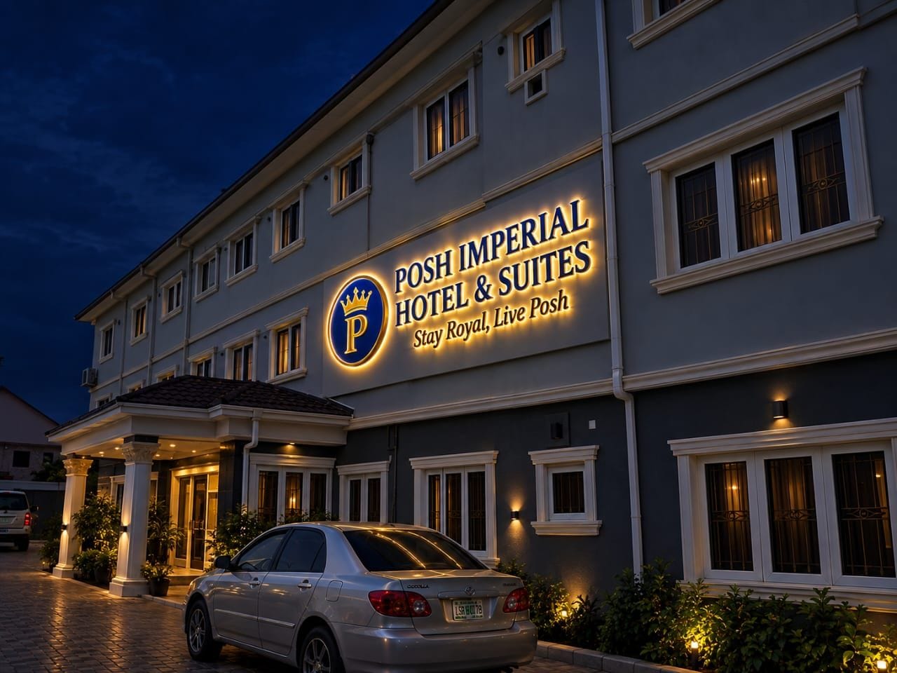Entrada de un hotel con un cartel que dice 'Posh Imperial Hotel & Suites' y un coche estacionado.