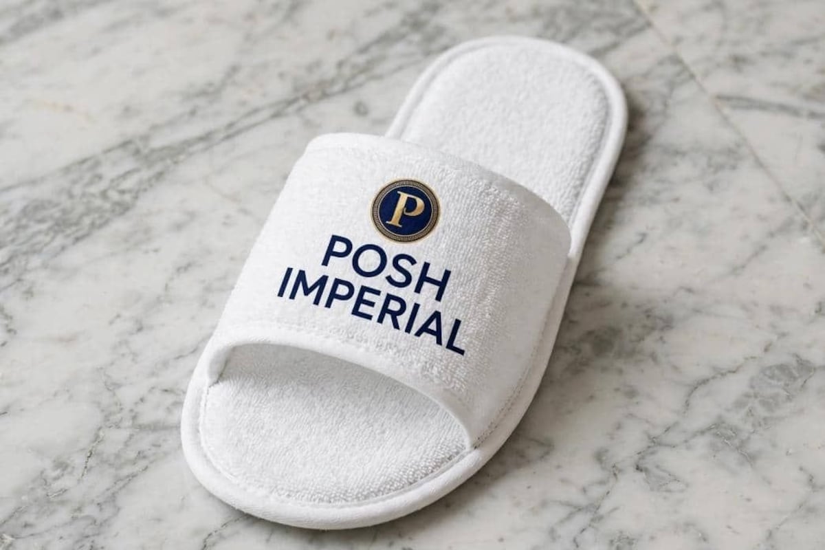 Una sandalia tipo chancla blanca con el texto 'POSH IMPERIAL' y un logotipo sobre una superficie de mármol.