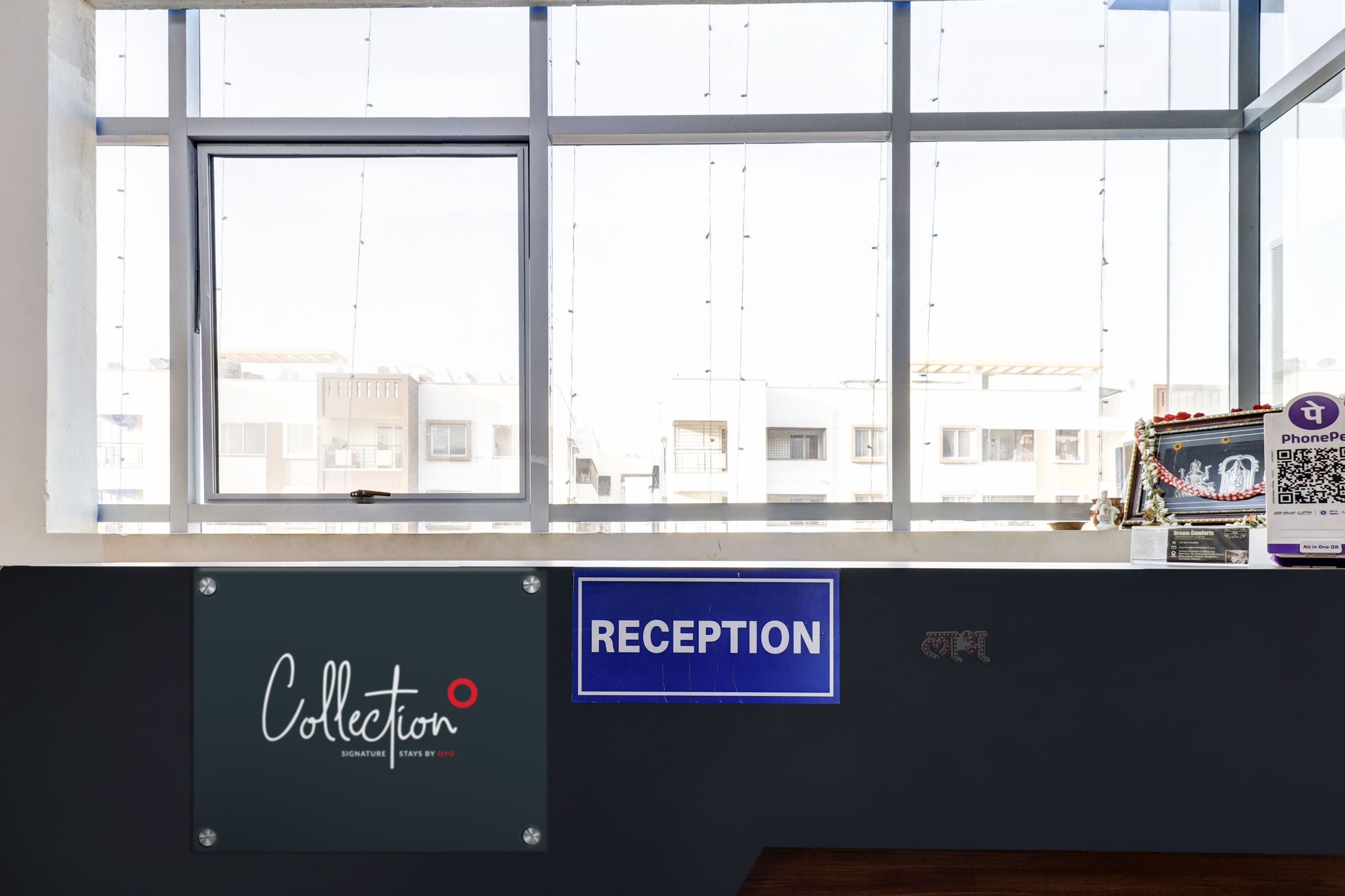 A reception area with a large window, a sign for 'Collection', and a 'Reception' sign.