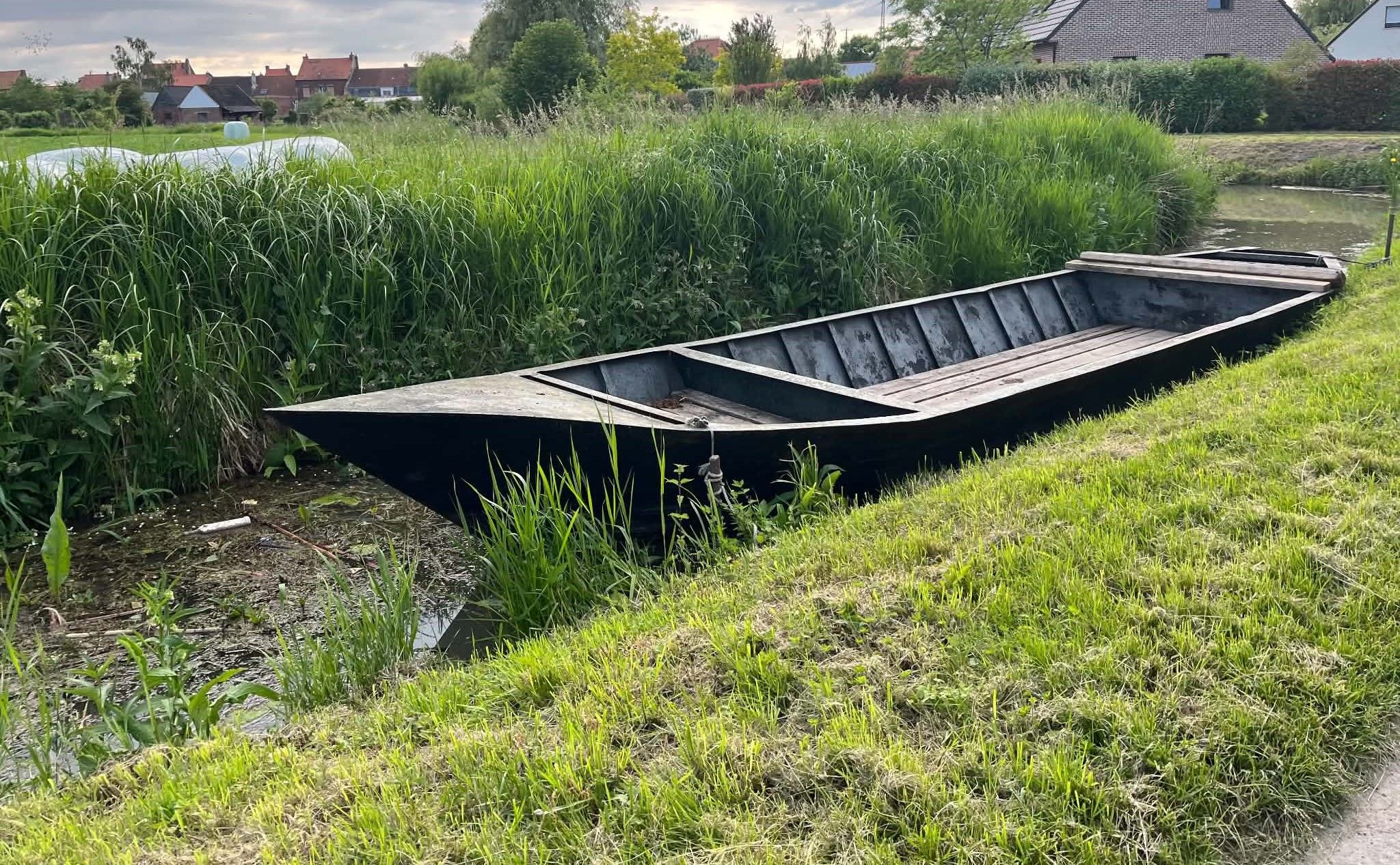 Un bateau à rames, partiellement immergé, se trouve dans une zone herbeuse, au bord d’une étendue d’eau.