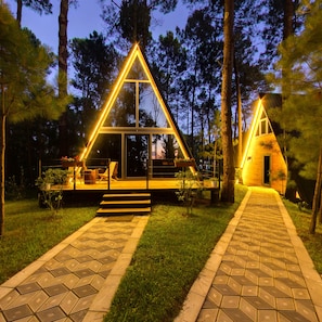 Una estructura de madera triangular con frente de vidrio, rodeada de árboles y un sendero pavimentado.