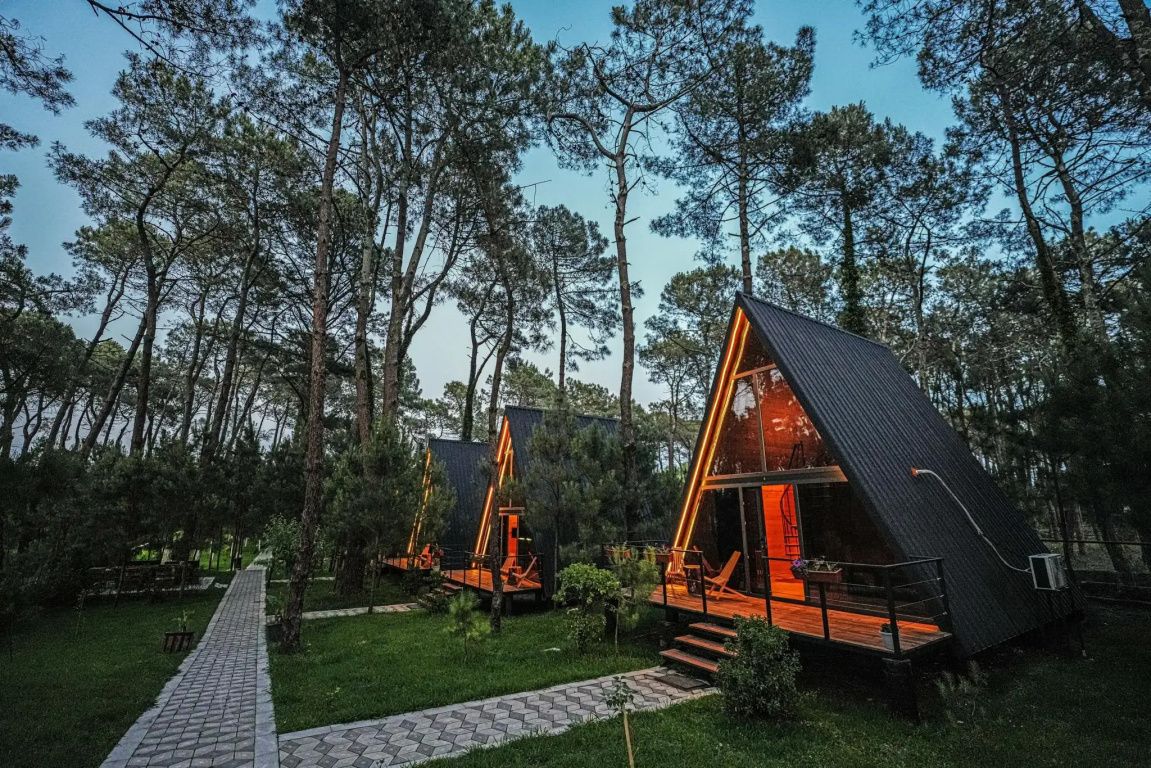 A modern, triangular cabin with a glass facade, surrounded by a forested area.