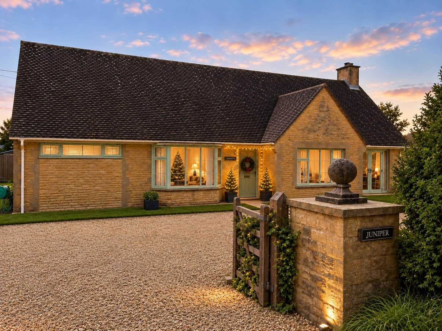 Une maison en pierre avec une allée en gravier, des décorations de Noël et une plaque portant le nom « JUNIPER ».