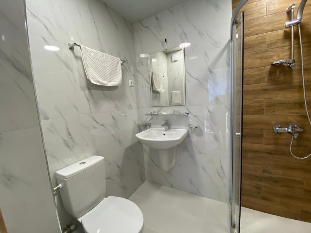 A bathroom with a toilet, sink, mirror, and shower.