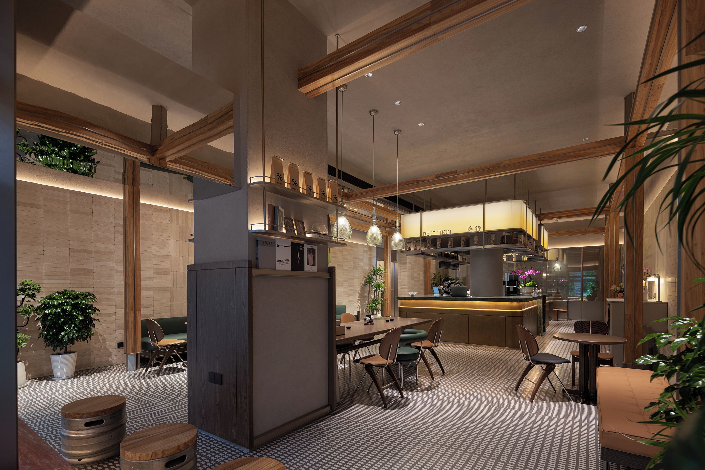 A modern interior with a dining area, kitchen, and reception desk.