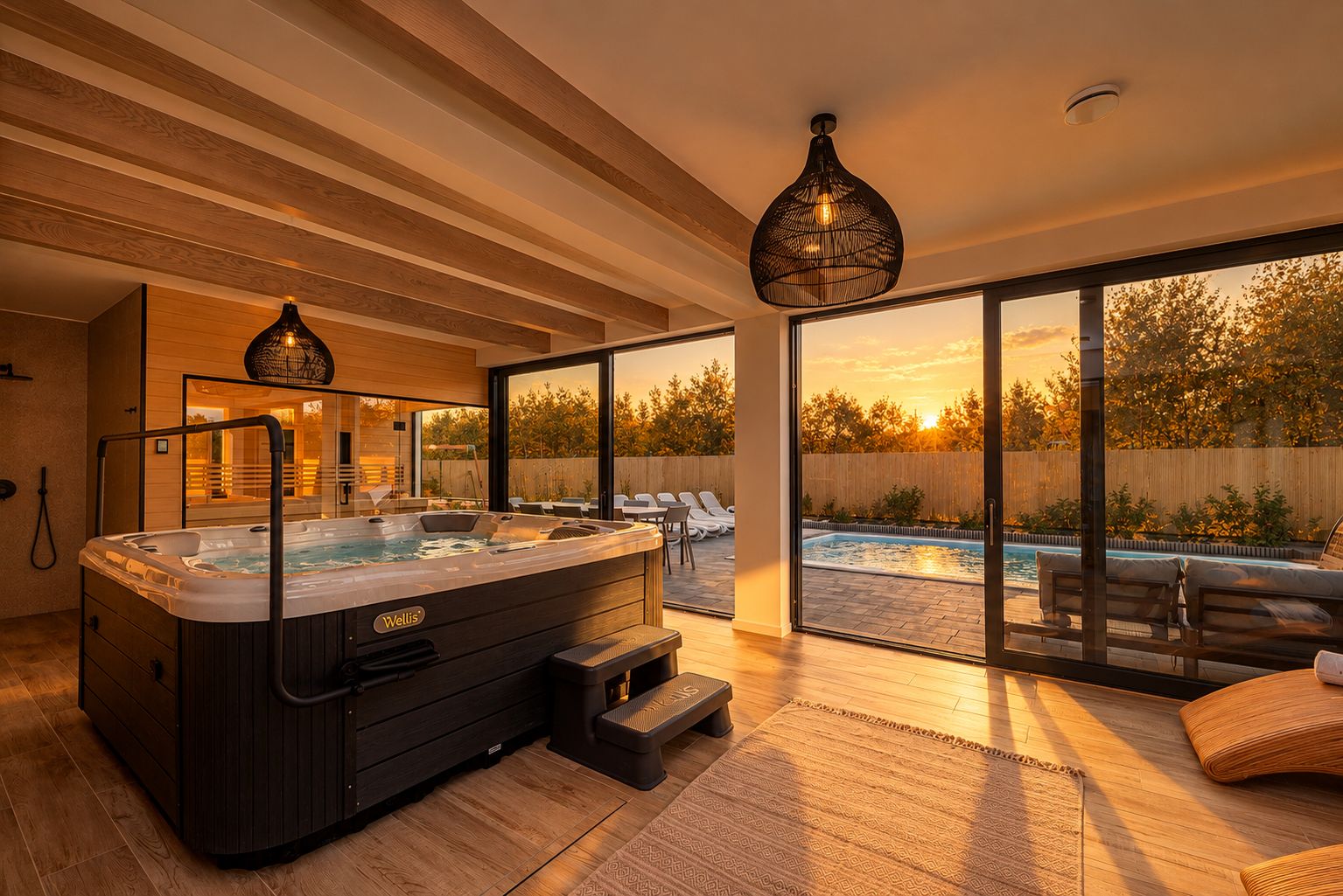 A modern indoor hot tub area with a view of an outdoor pool at sunset.