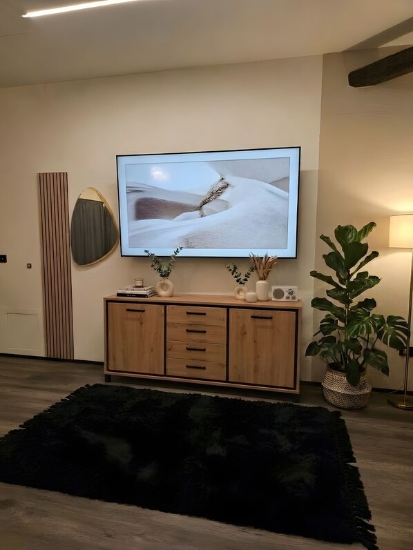 Een moderne woonkamer met een grote flatscreen televisie aan de muur, een houten kast met lades, een zwart vloerkleed en een grote potplant.